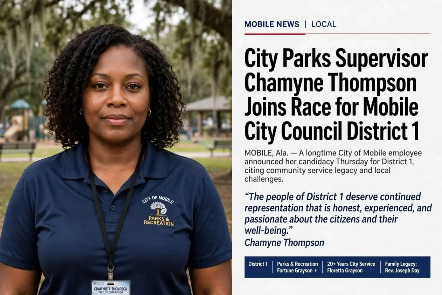 Illustration for the news story: City Parks Supervisor Chamyne Thompson Joins Race for Mobile City Council District 1
