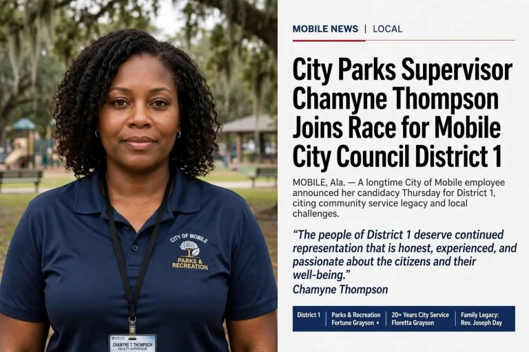 Illustration for the news story: City Parks Supervisor Chamyne Thompson Joins Race for Mobile City Council District 1