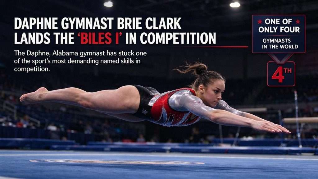 Illustration for the news story: Daphne gymnast Brie Clark lands the ‘Biles I’ in competition