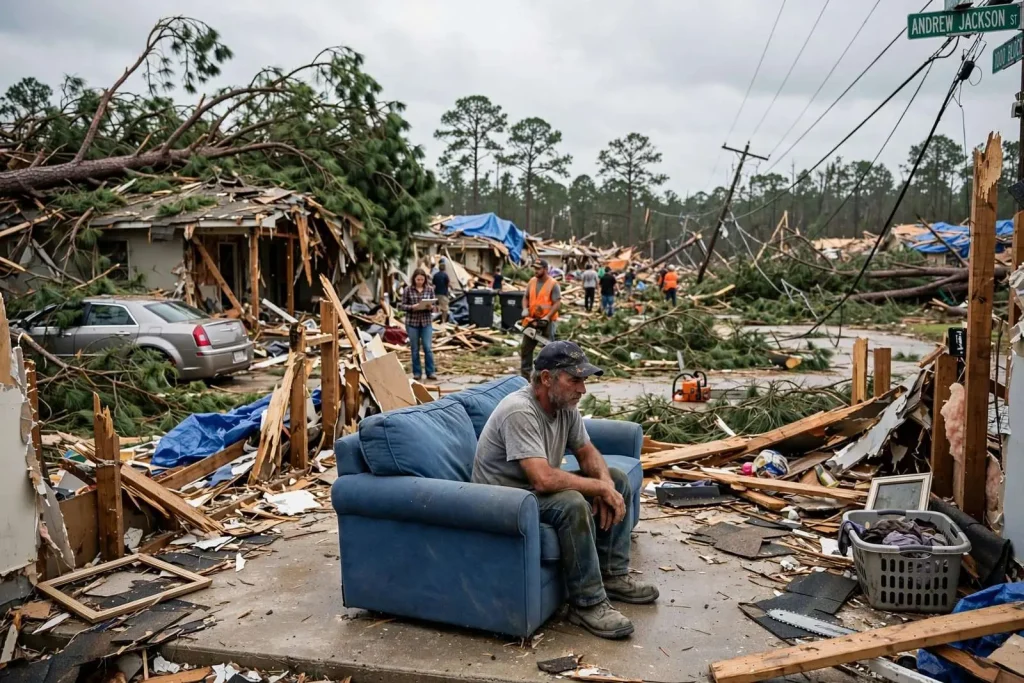 Illustration for the news story: East Brewton residents begin to pick up the pieces after tornado