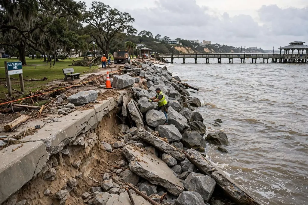 Illustration for the news story: Fairhope Council Approves Emergency Funds to Repair Hurricane-Damaged South Beach Sea Wall