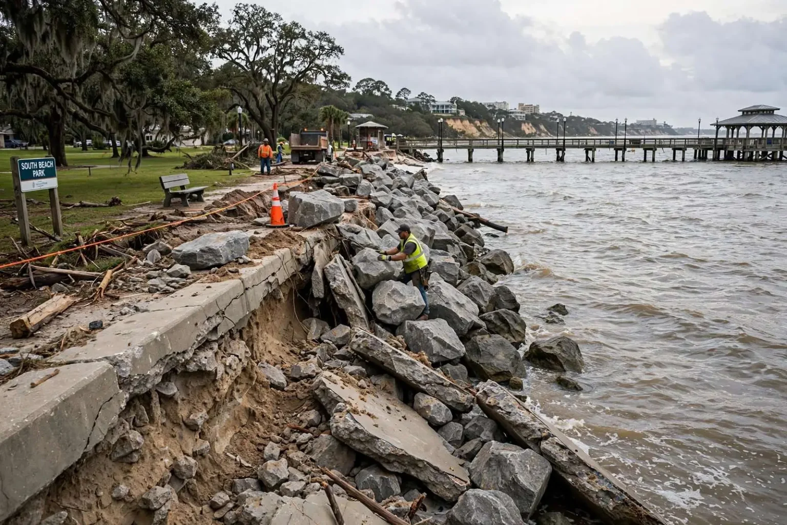 Illustration for the news story: Fairhope Council Approves Emergency Funds to Repair Hurricane-Damaged South Beach Sea Wall