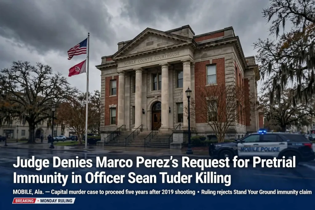 Illustration for the news story: Judge Denies Marco Perez’s Request for Pretrial Immunity in Officer Sean Tuder Killing