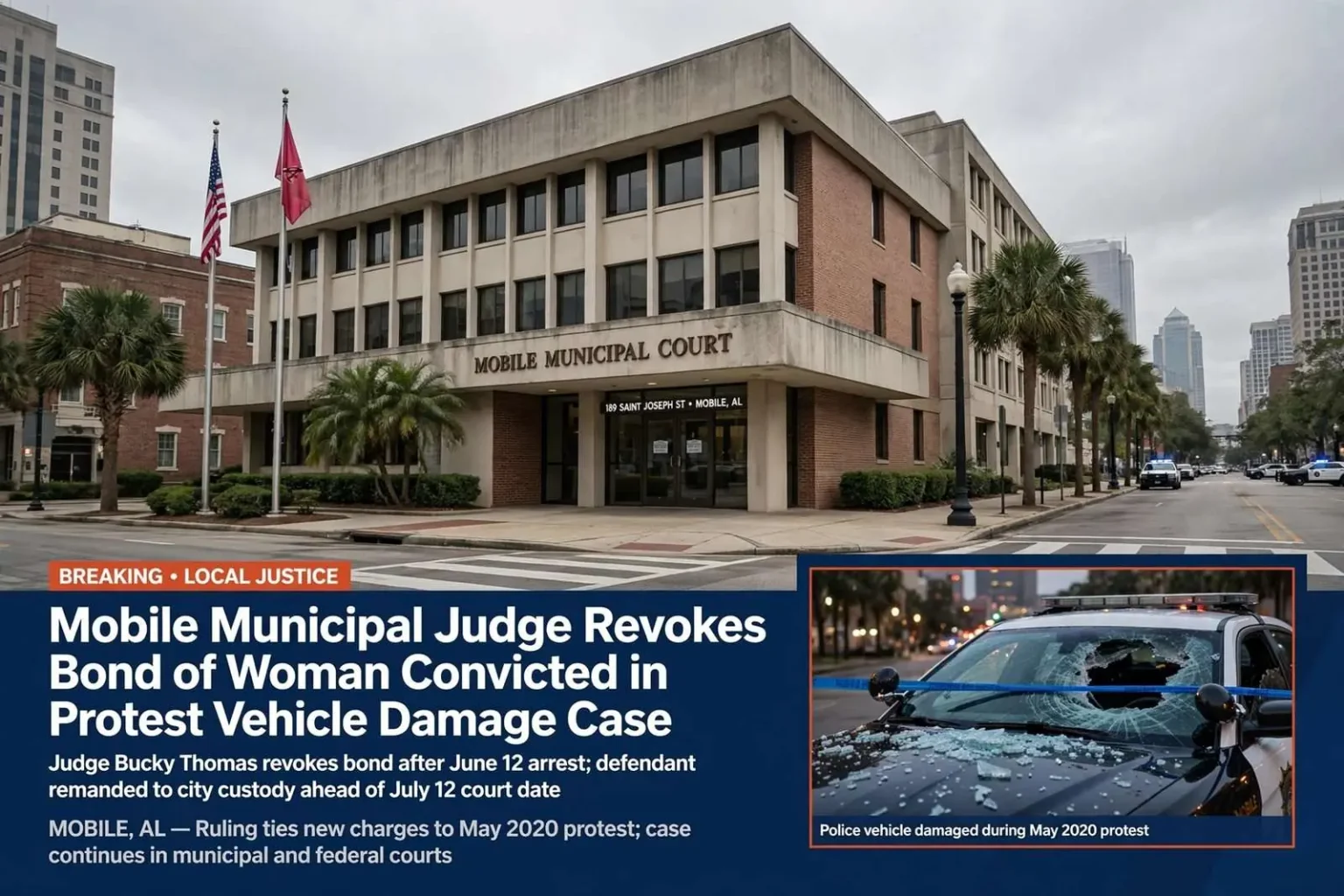 Illustration for the news story: Mobile Municipal Judge Revokes Bond of Woman Convicted in Protest Vehicle Damage Case