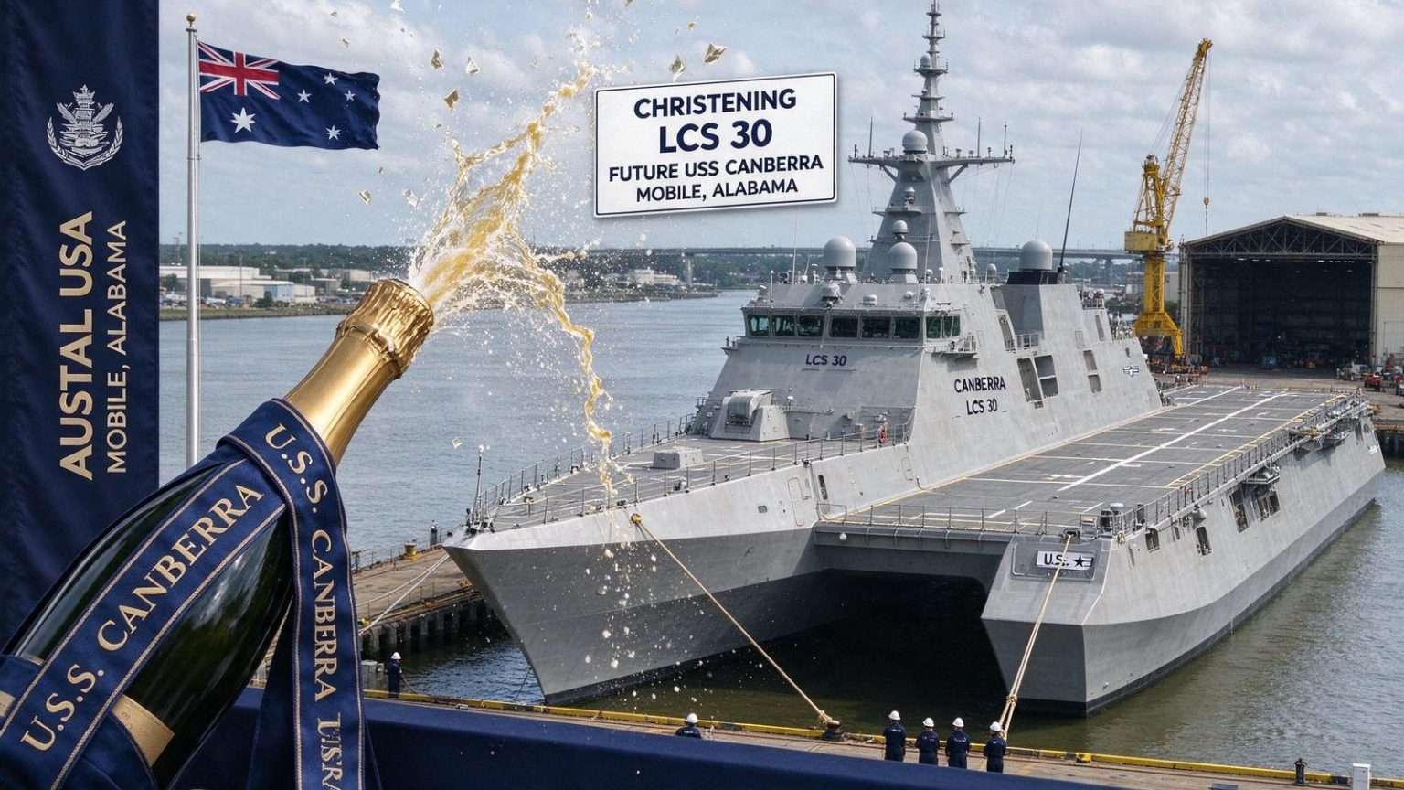 Illustration for the news story: Mobile Shipyard Christens Future USS Canberra, the Only U.S. Ship Named for a Foreign Ally’s Capital
