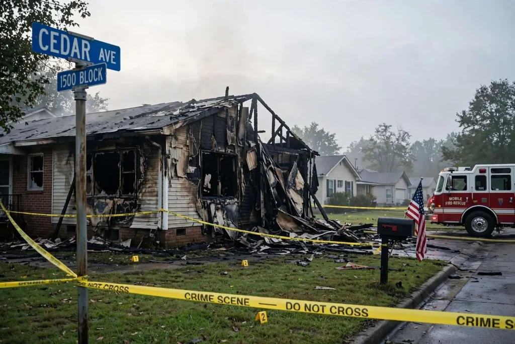 Illustration for the news story: Mobile Woman Found Dead Outside Burning Home; Teenage Son Charged as Daughter Grapples With Case