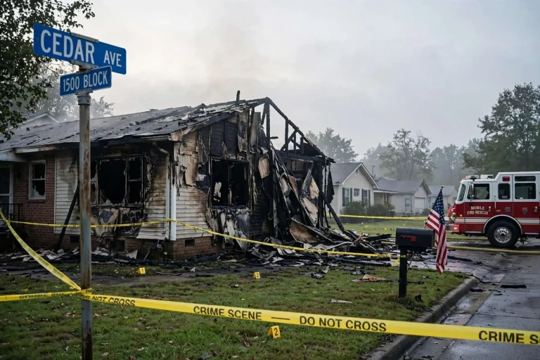 Illustration for the news story: Mobile Woman Found Dead Outside Burning Home; Teenage Son Charged as Daughter Grapples With Case