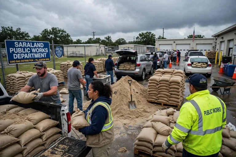 Illustration for the news story: Saraland residents line up for sandbags after last year’s flooding brought a snake indoors