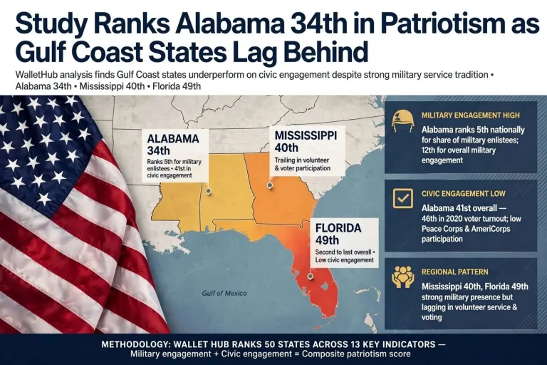 Illustration for the news story: Study Ranks Alabama 34th in Patriotism as Gulf Coast States Lag Behind