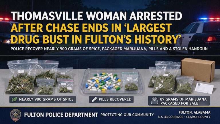 Illustration for the news story: Thomasville woman arrested after chase ends in ‘largest drug bust in Fulton’s history’