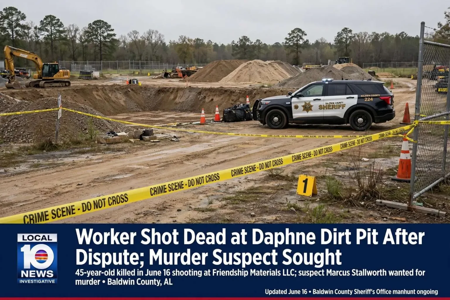 Illustration for the news story: Worker Shot Dead at Daphne Dirt Pit After Dispute; Murder Suspect Sought