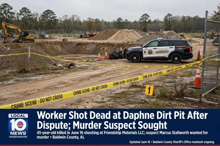 Illustration for the news story: Worker Shot Dead at Daphne Dirt Pit After Dispute; Murder Suspect Sought