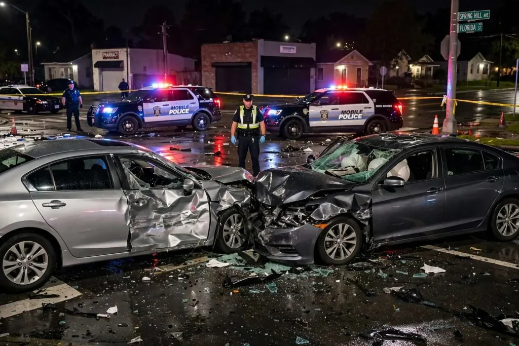 Illustration for the news story: 27-Year-Old Charged After Police Chase Down Spring Hill Avenue Ended in a Crash, Mobile Police Say