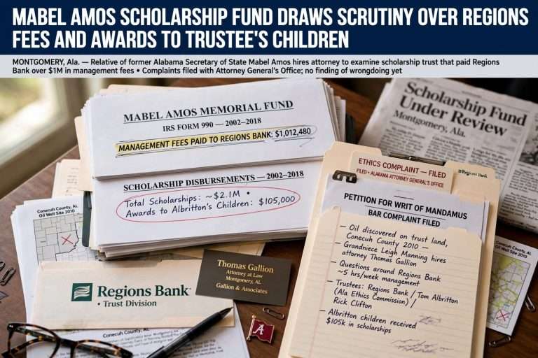 Illustration for the news story: Mabel Amos Scholarship Fund Draws Scrutiny Over Regions Fees and Awards to Trustee’s Children