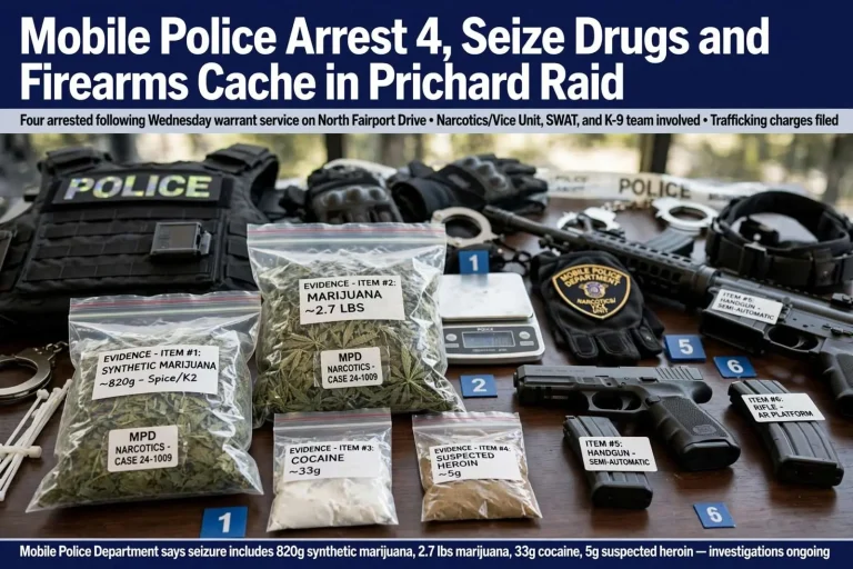 Illustration for the news story: Mobile Police Arrest 4, Seize Drugs and Firearms Cache in Prichard Raid