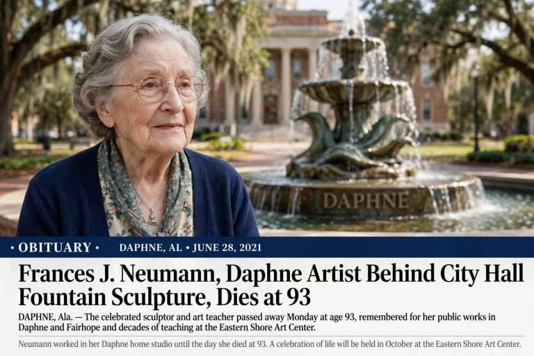 Illustration for the news story: Obituary: Frances J. Neumann, Daphne Artist Behind City Hall Fountain Sculpture, Dies at 93