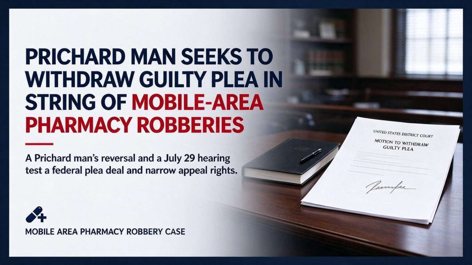Illustration for the news story: Prichard Man Seeks to Withdraw Guilty Plea in String of Mobile-Area Pharmacy Robberies