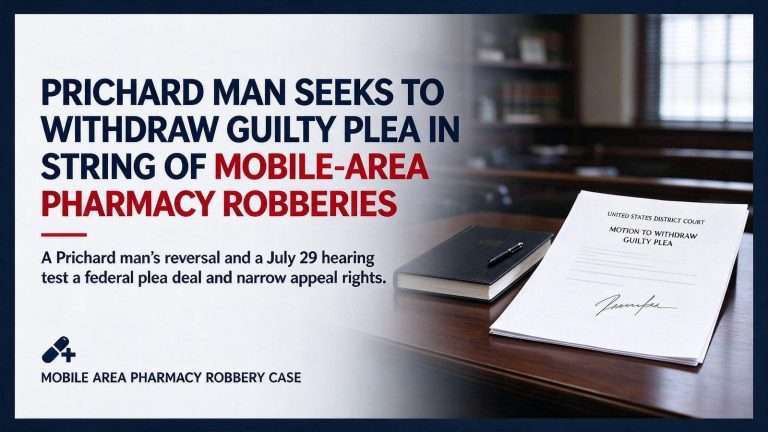 Illustration for the news story: Prichard Man Seeks to Withdraw Guilty Plea in String of Mobile-Area Pharmacy Robberies