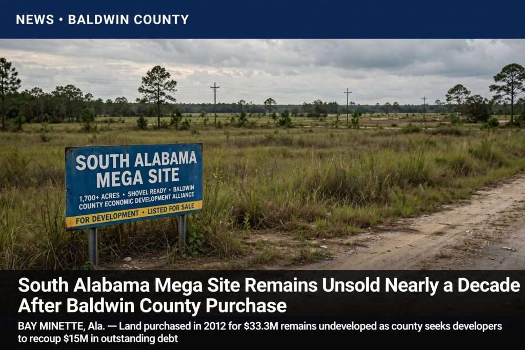 Illustration for the news story: South Alabama Mega Site Remains Unsold Nearly a Decade After Baldwin County Purchase