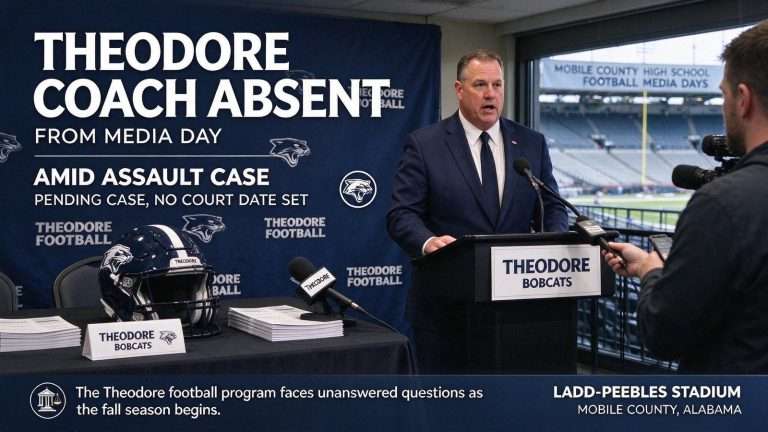 Illustration for the news story: Theodore Football Coach Eric Collier Absent From County Media Days Amid Assault Case