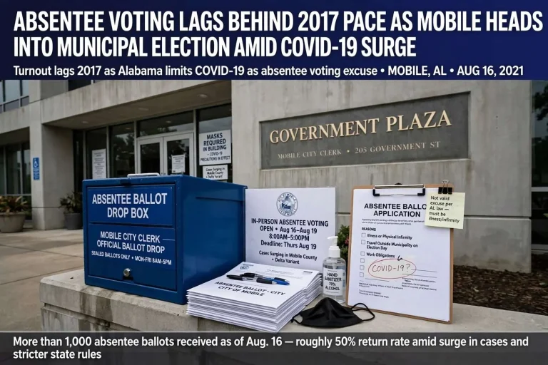 Illustration for the news story: Absentee Voting Lags Behind 2017 Pace as Mobile Heads Into Municipal Election Amid COVID-19 Surge