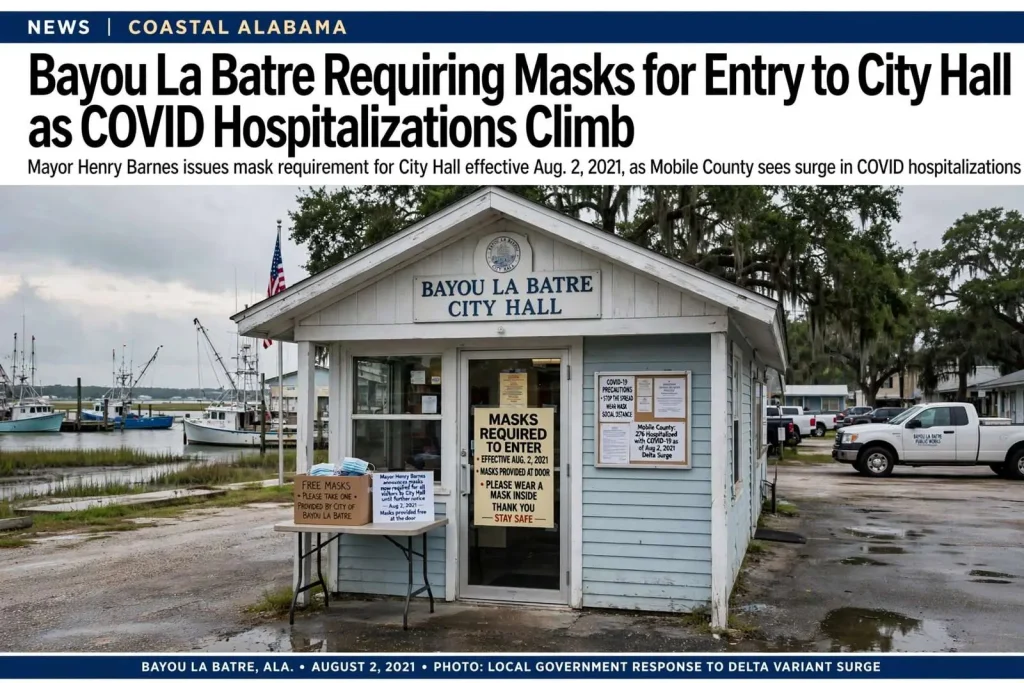 Illustration for the news story: Bayou La Batre Requiring Masks for Entry to City Hall as COVID Hospitalizations Climb