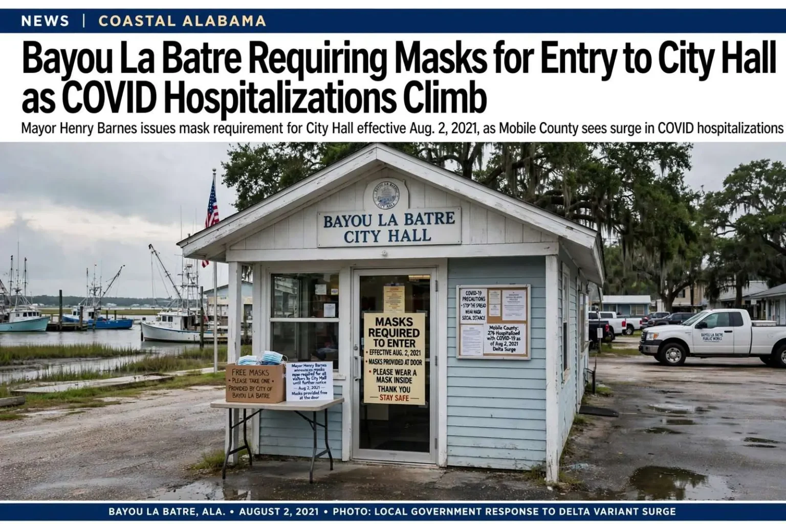 Illustration for the news story: Bayou La Batre Requiring Masks for Entry to City Hall as COVID Hospitalizations Climb