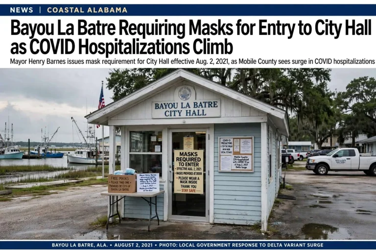 Illustration for the news story: Bayou La Batre Requiring Masks for Entry to City Hall as COVID Hospitalizations Climb