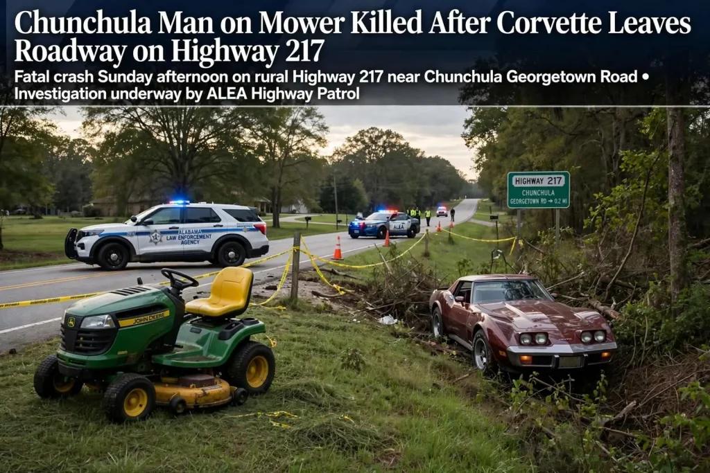 Illustration for the news story: Chunchula Man on Mower Killed After Corvette Leaves Roadway on Highway 217
