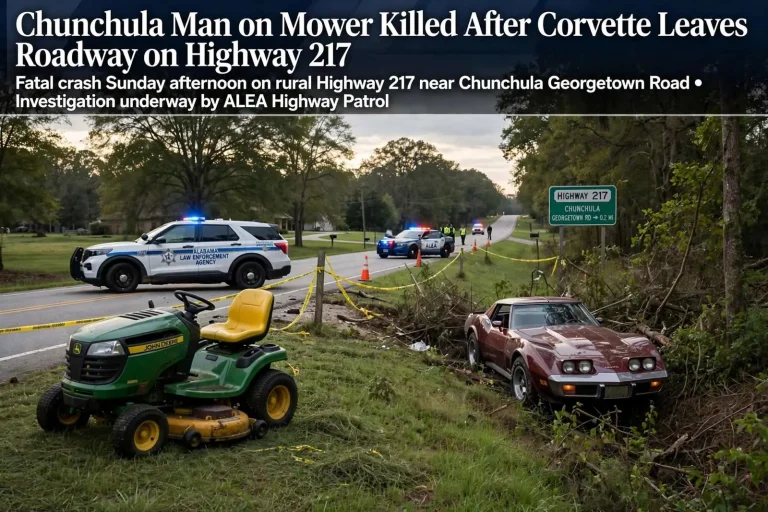 Illustration for the news story: Chunchula Man on Mower Killed After Corvette Leaves Roadway on Highway 217
