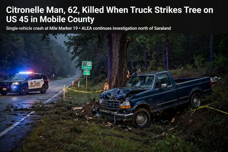 Illustration for the news story: Citronelle Man, 62, Killed When Truck Strikes Tree on US 45 in Mobile County