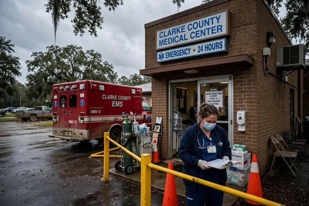 Illustration for the news story: Clarke County hospitals fill as officials look out of state for help