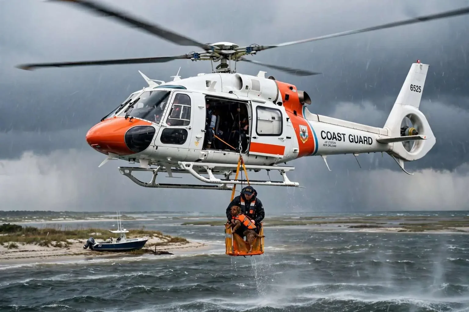 Illustration for the news story: Coast Guard Helicopter Hoists Man and Dog to Safety as Hurricane Ida Nears Gulf Coast