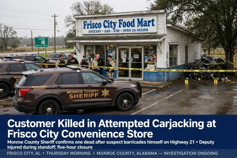 Illustration for the news story: Customer killed in attempted carjacking at Frisco City convenience store