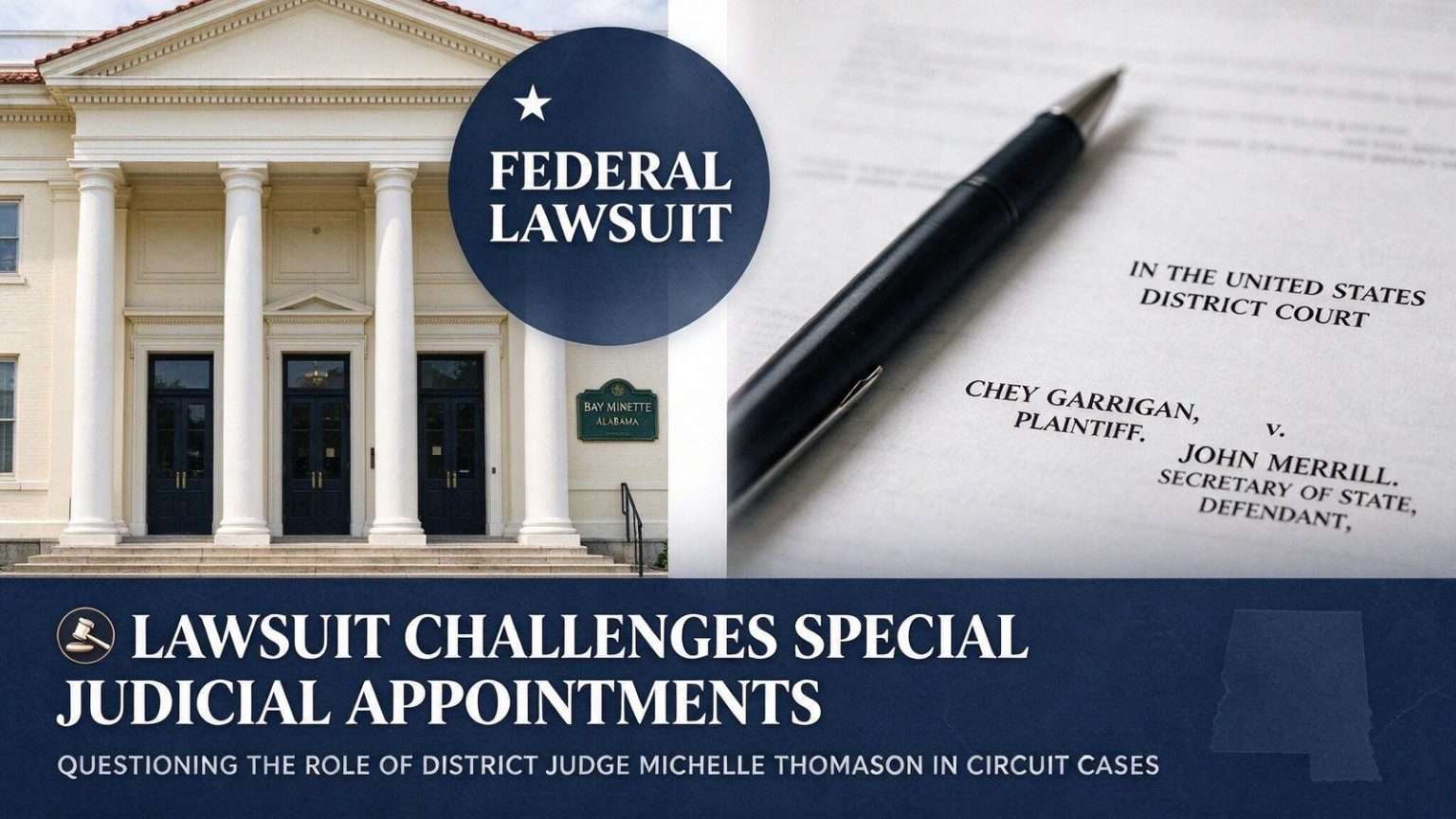 Illustration for the news story: Federal Lawsuit Challenges Special Appointments Letting Judge Michelle Thomason Hear Circuit Cases