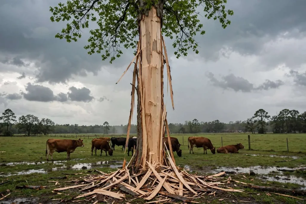 Illustration for the news story: Lightning Blasts Bark Clean Off a Tree in Turnerville — and a Reader Caught It on Video