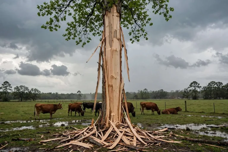 Illustration for the news story: Lightning Blasts Bark Clean Off a Tree in Turnerville — and a Reader Caught It on Video