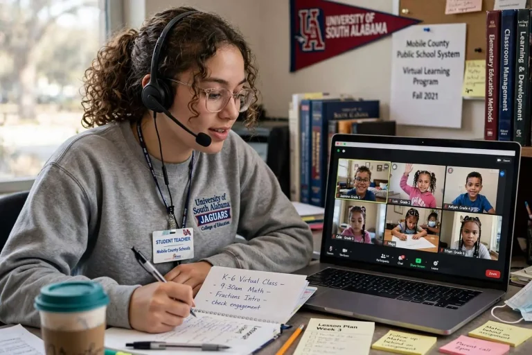 Illustration for the news story: Mobile County Schools Turned to College Students to Run Virtual Classrooms Amid Teacher Shortage