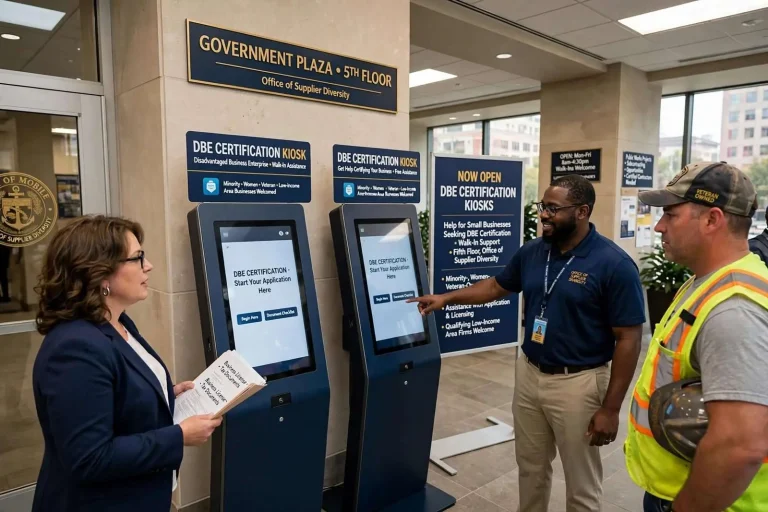 Illustration for the news story: Mobile Unveils Kiosks at Government Plaza to Help Small Businesses Get DBE Certified