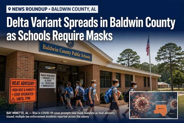 Illustration for the news story: News Roundup: Delta Variant Spreads in Baldwin County as Schools Require Masks