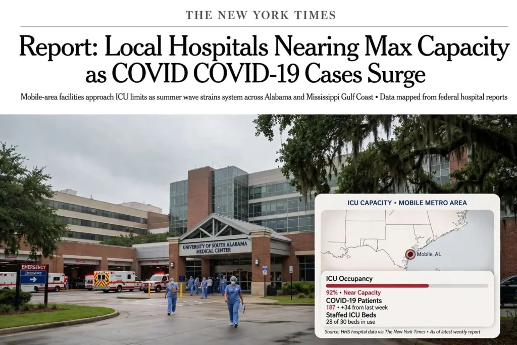 Illustration for the news story: Report: Local hospitals nearing max capacity as COVID-19 cases surge