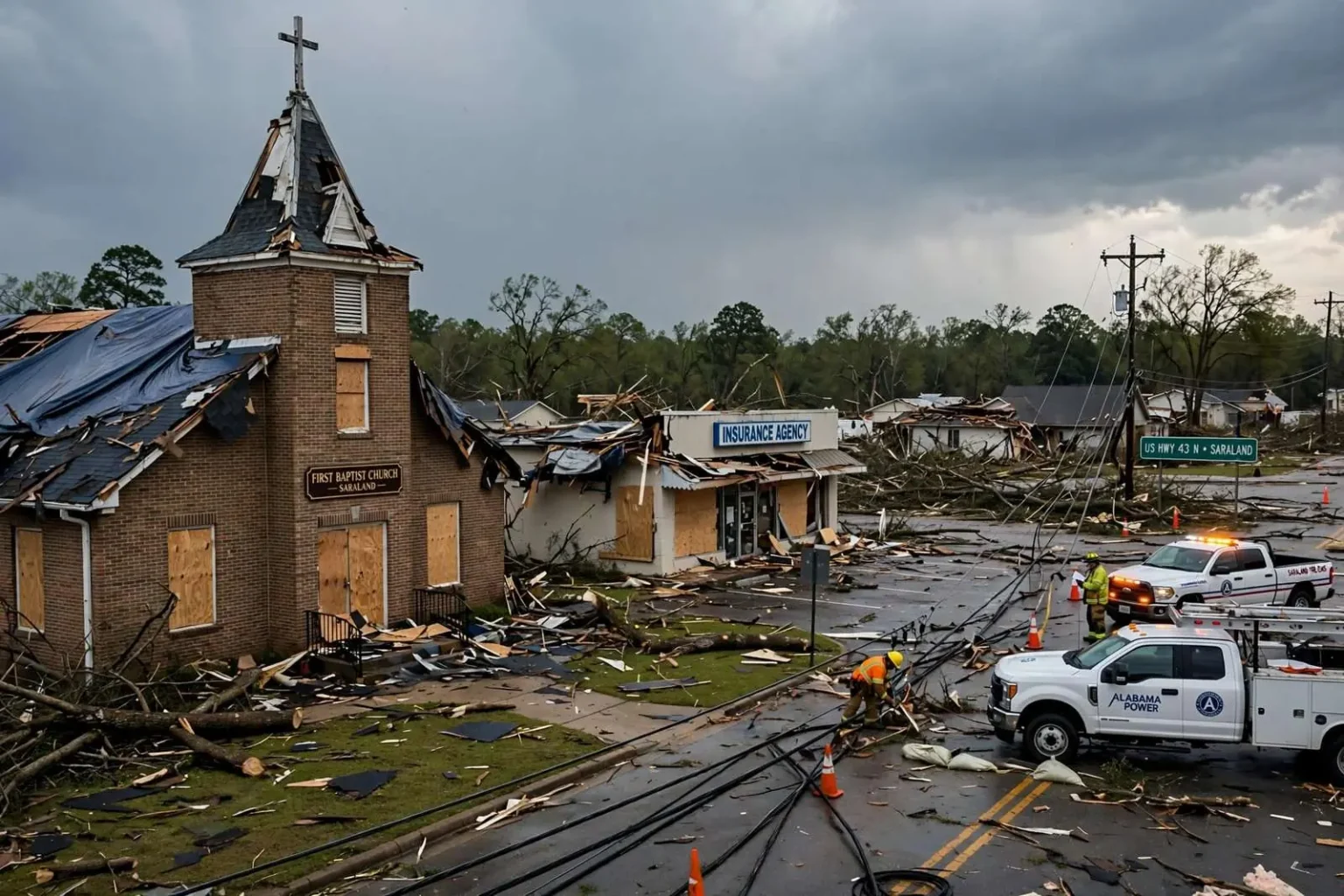 Illustration for the news story: Tornado leaves trail of damage in Saraland