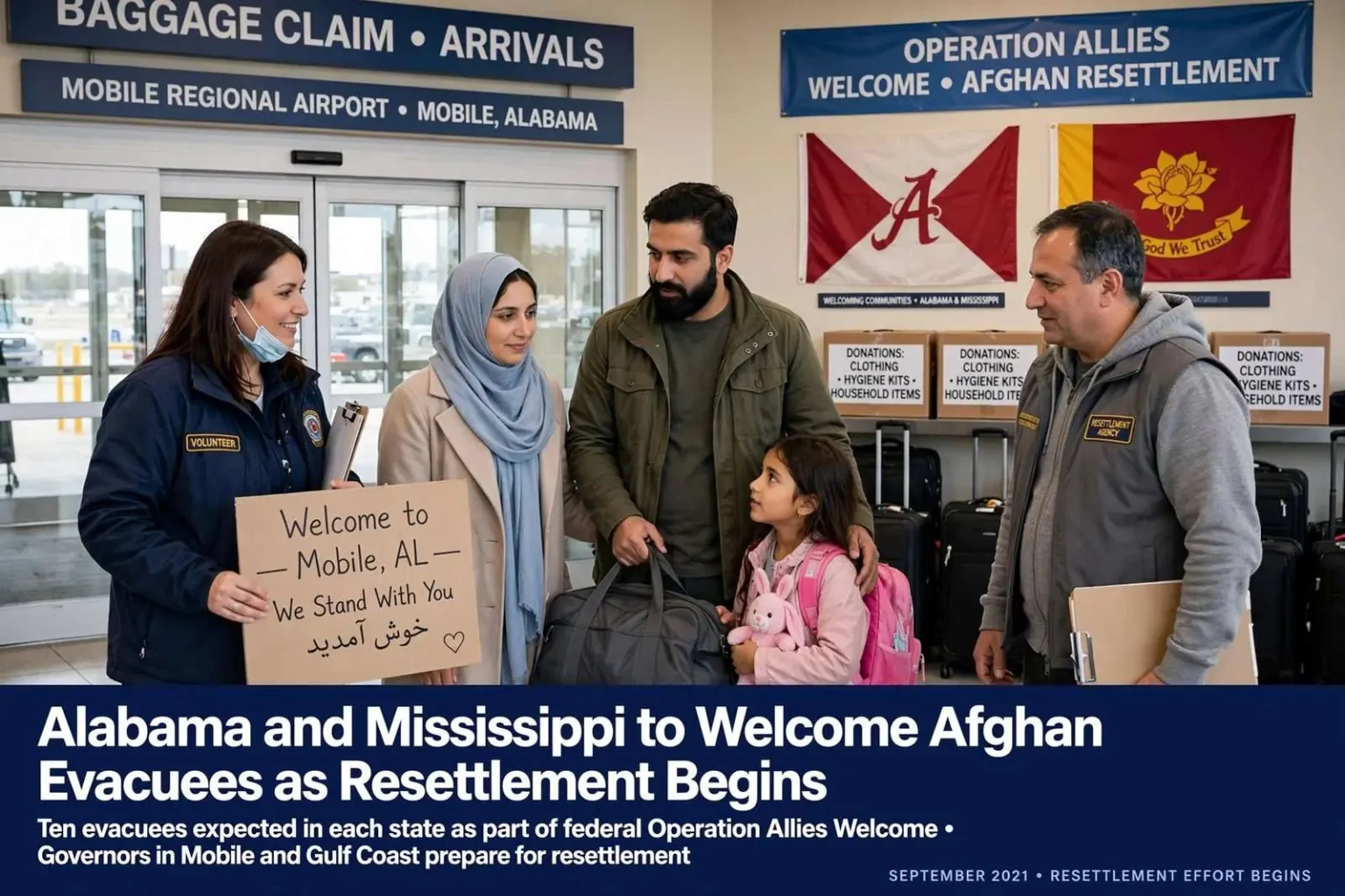 Illustration for the news story: Alabama and Mississippi to Welcome Afghan Evacuees as Resettlement Begins
