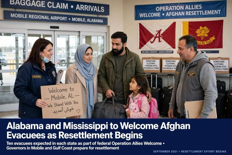 Illustration for the news story: Alabama and Mississippi to Welcome Afghan Evacuees as Resettlement Begins