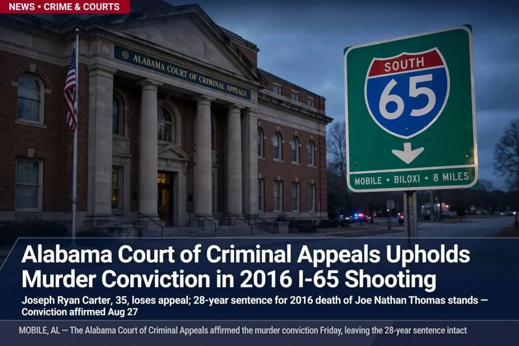 Illustration for the news story: Alabama Court of Criminal Appeals Upholds Murder Conviction in 2016 I-65 Shooting