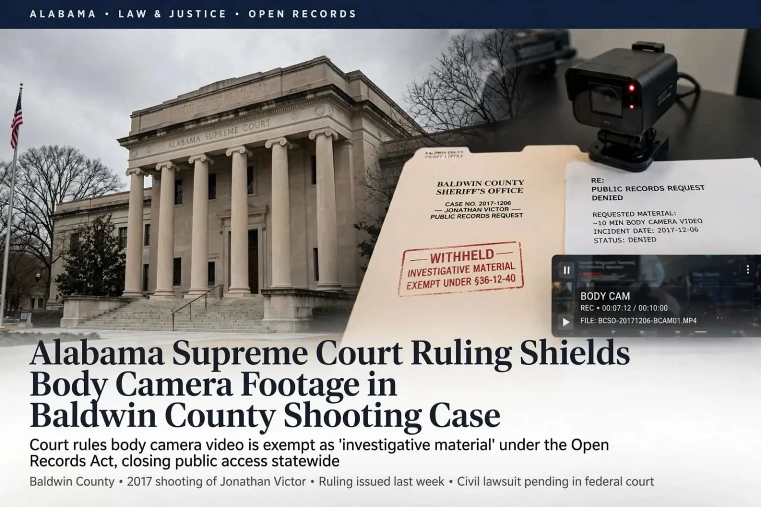 Illustration for the news story: Alabama Supreme Court Ruling Shields Police Body Camera Footage in Baldwin County Shooting Case