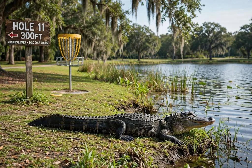 Illustration for the news story: Alligator spotted sunning at the edge of the lake at Municipal Park