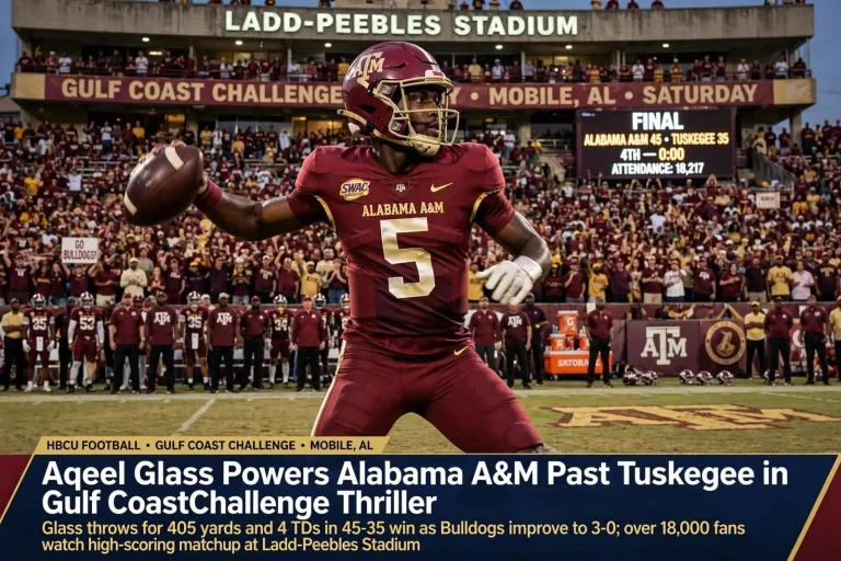 Illustration for the news story: Aqeel Glass Powers Alabama A&M Past Tuskegee in Gulf Coast Challenge Thriller