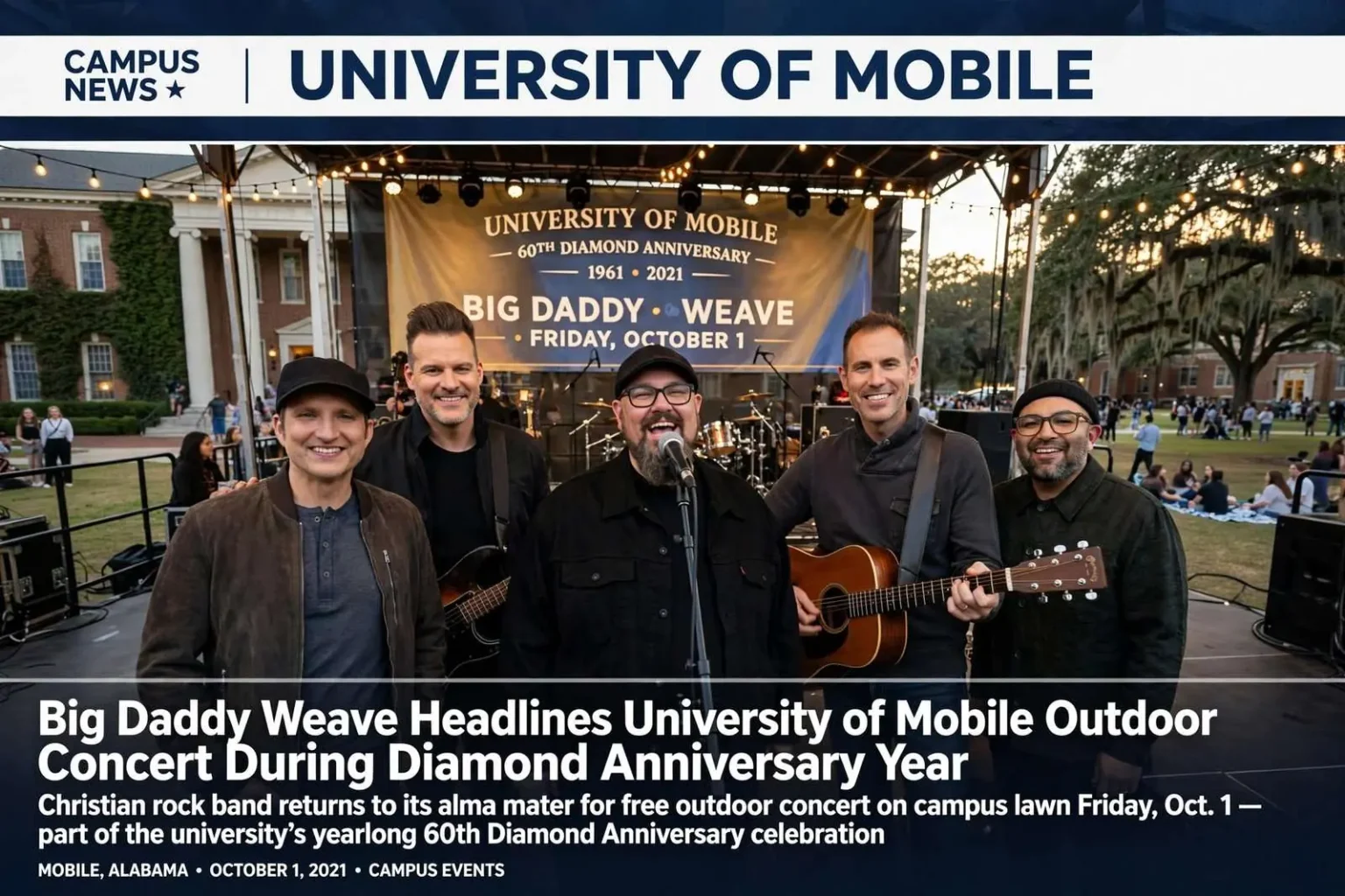 Illustration for the news story: Big Daddy Weave Headlines University of Mobile Outdoor Concert During Diamond Anniversary Year