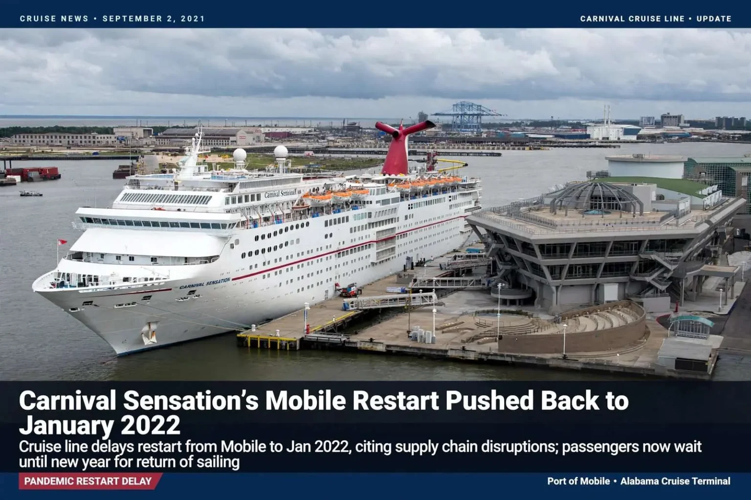 Illustration for the news story: Carnival Sensation’s Mobile Restart Pushed Back to January 2022